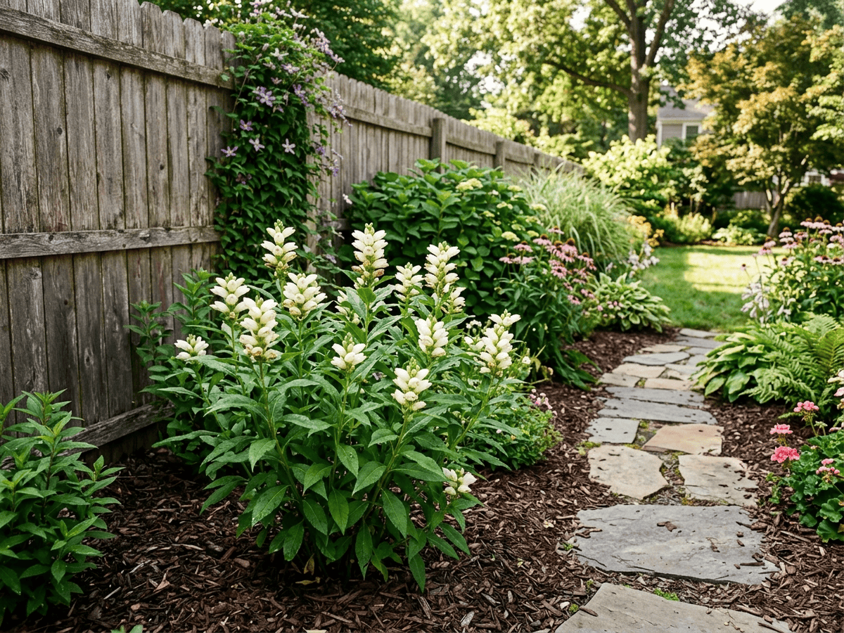 White Turtlehead in a garden setting