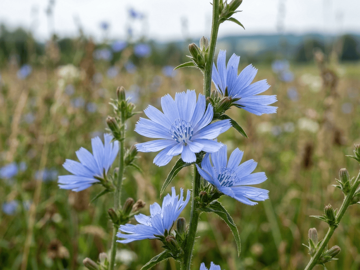 Cicoria — primo piano di foglie e fiori