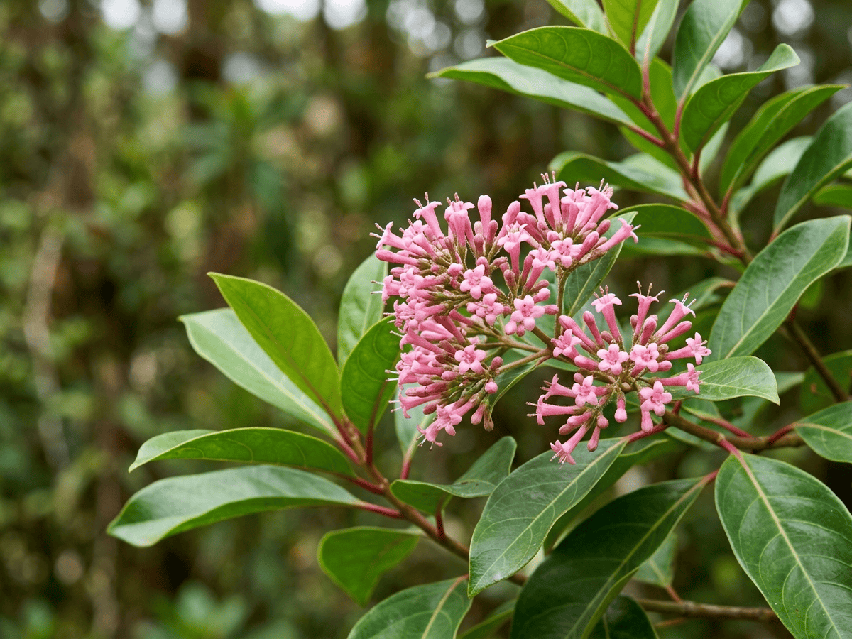Chinarindenbaum — Nahaufnahme von Blättern und Blüten