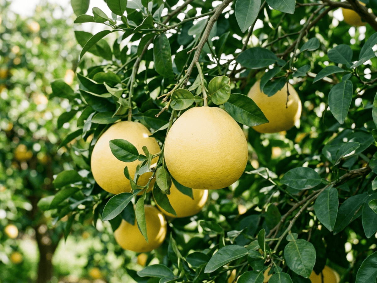 Grapefruit — Nahaufnahme von Blättern und Blüten