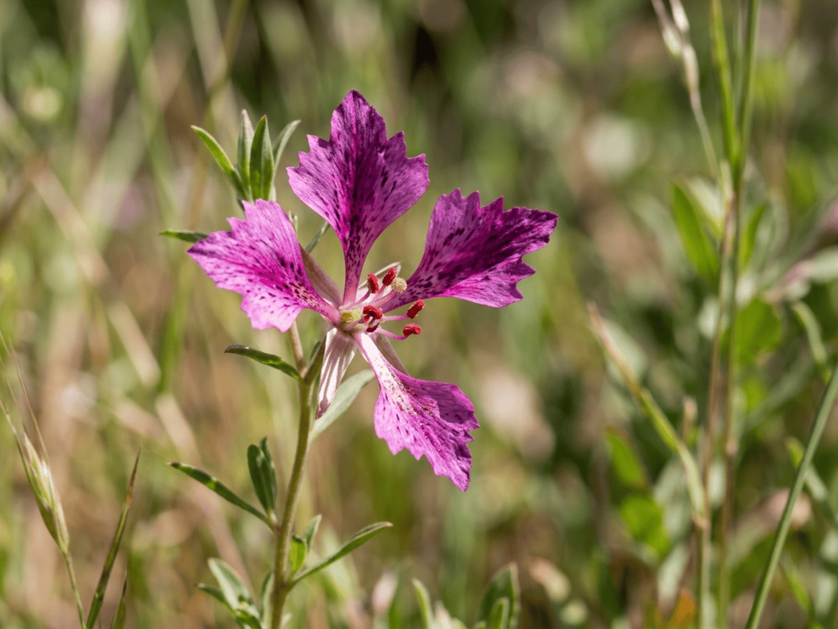 Clarkia élégant — gros plan sur feuilles et fleurs
