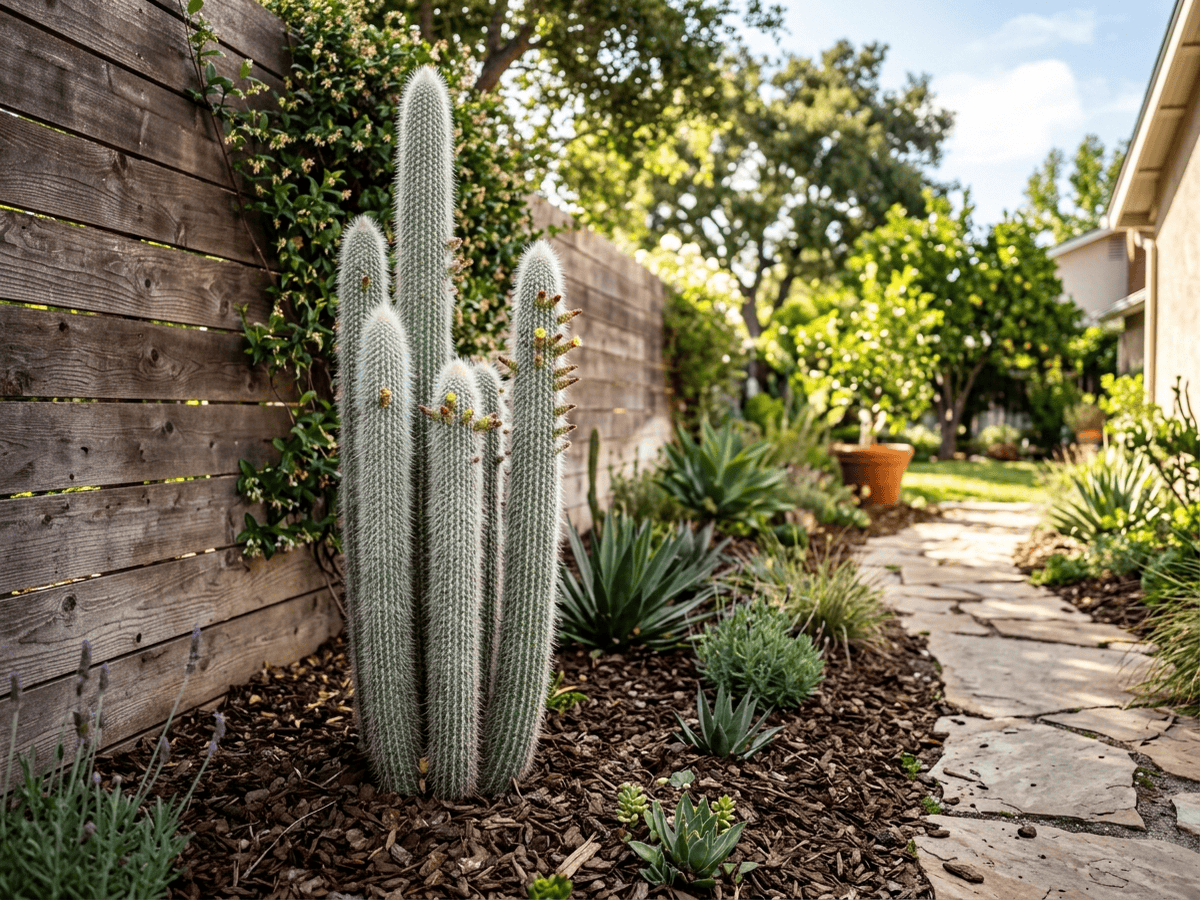 Silver Torch Cactus in a garden setting