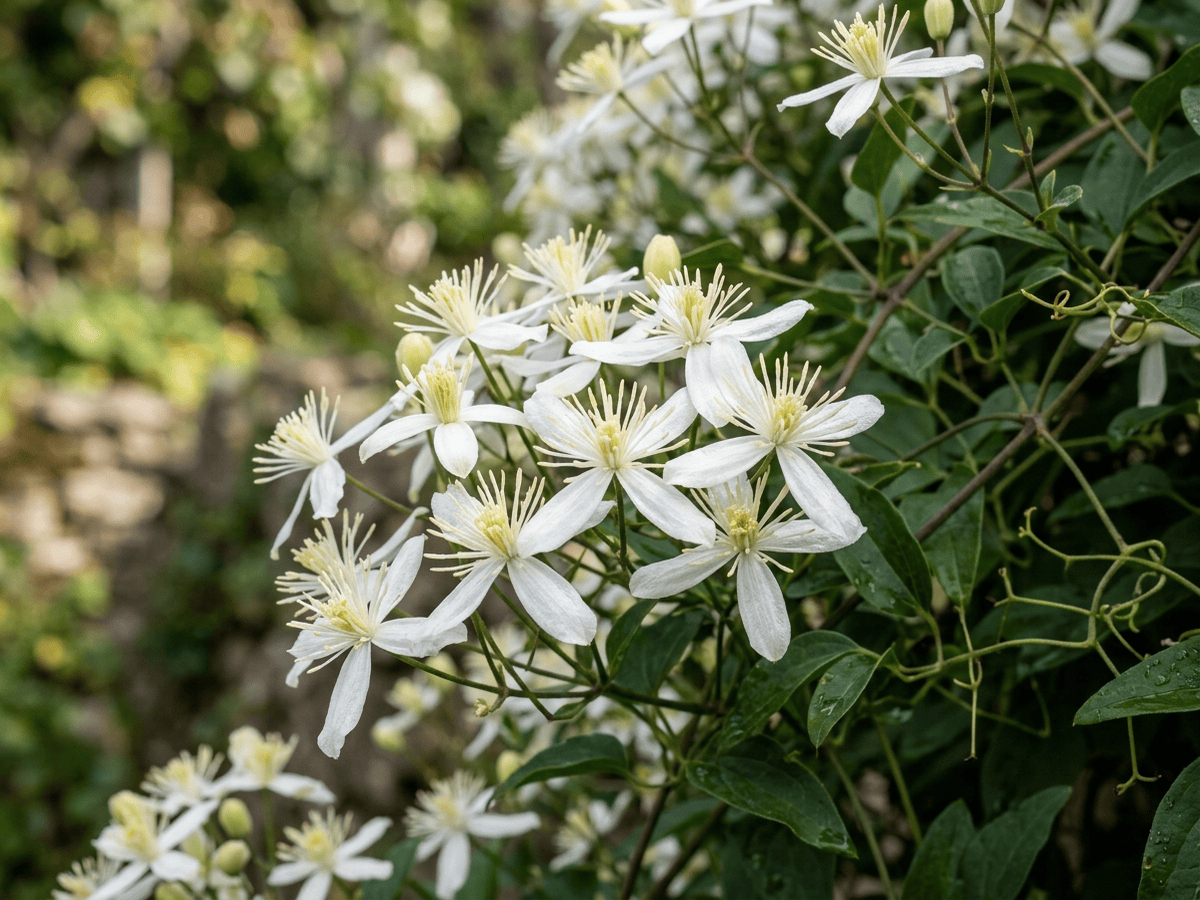 センニンソウの葉と花のクローズアップ