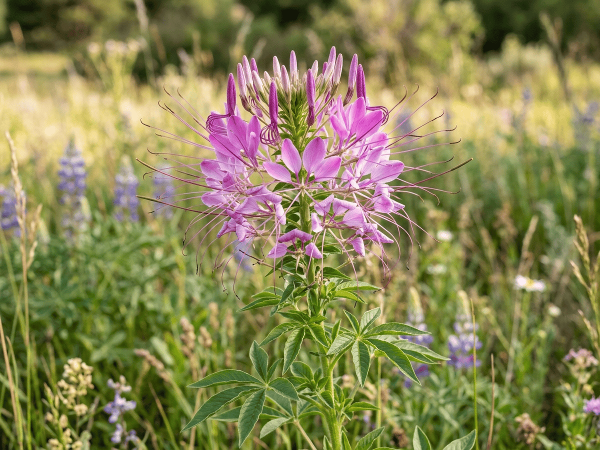 cléome denté — gros plan sur feuilles et fleurs