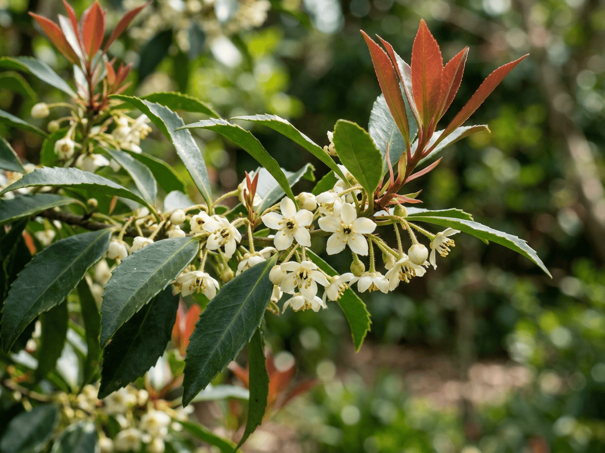 Japanische Cleyera — Nahaufnahme von Blättern und Blüten