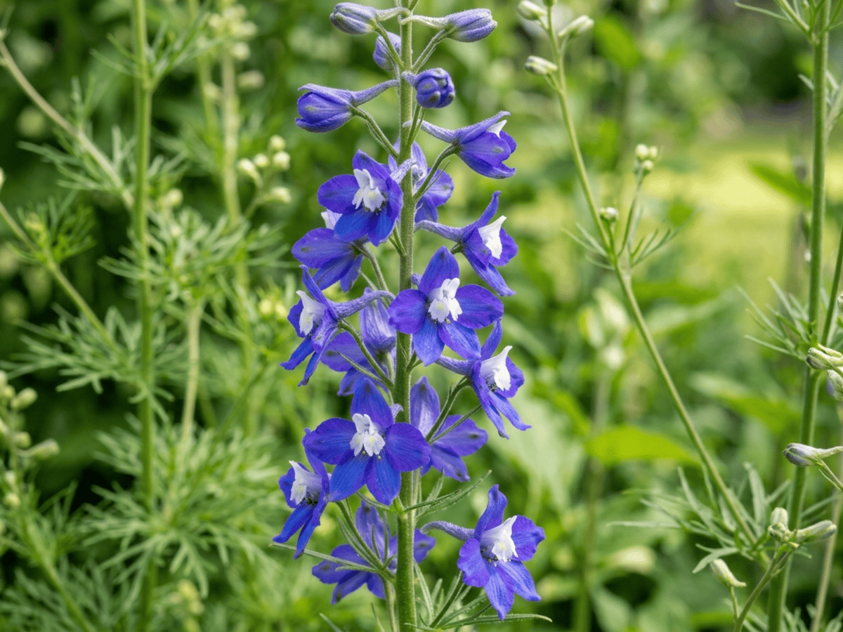 Doubtful Knight's-Spur — close-up of leaves and flowers