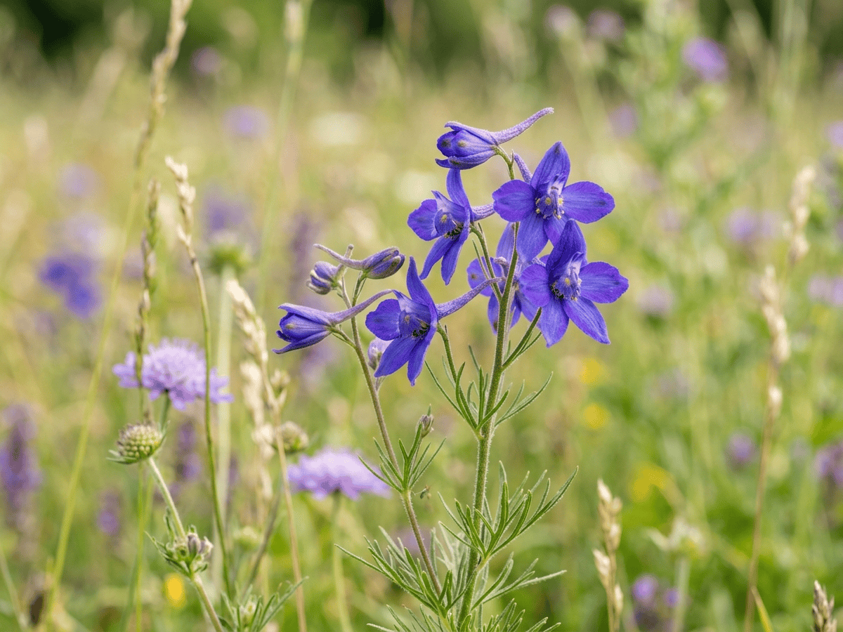 Speronella dei campi — primo piano di foglie e fiori