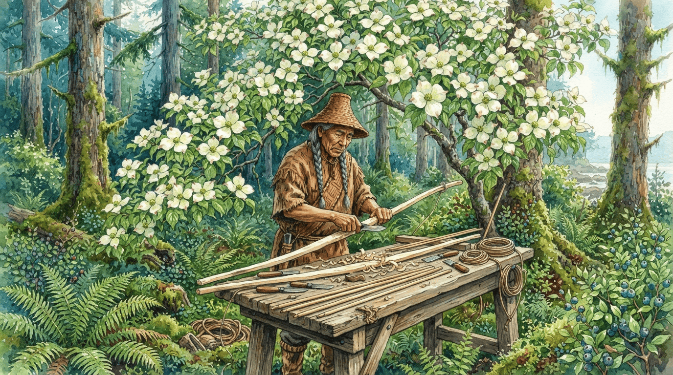 Illustrated historical scene for Pacific Dogwood