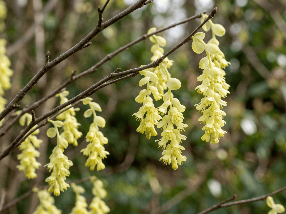 Nocciolo invernale a pochi fiori — primo piano di foglie e fiori