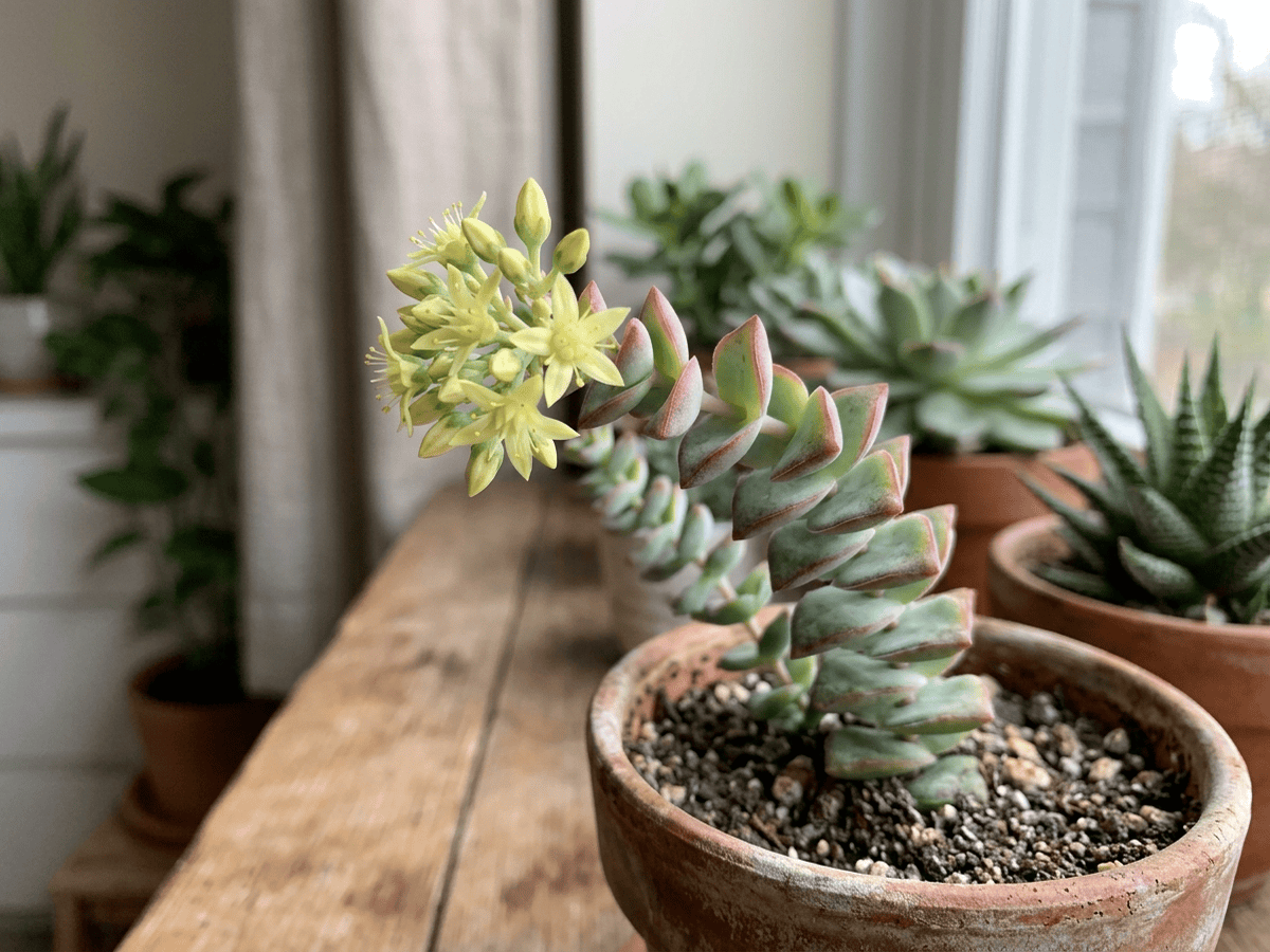Crassula a fisarmonica — primo piano di foglie e fiori