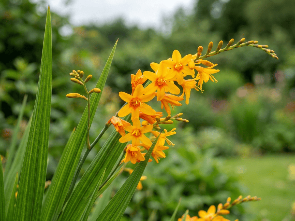 Crocosmia — primo piano di foglie e fiori
