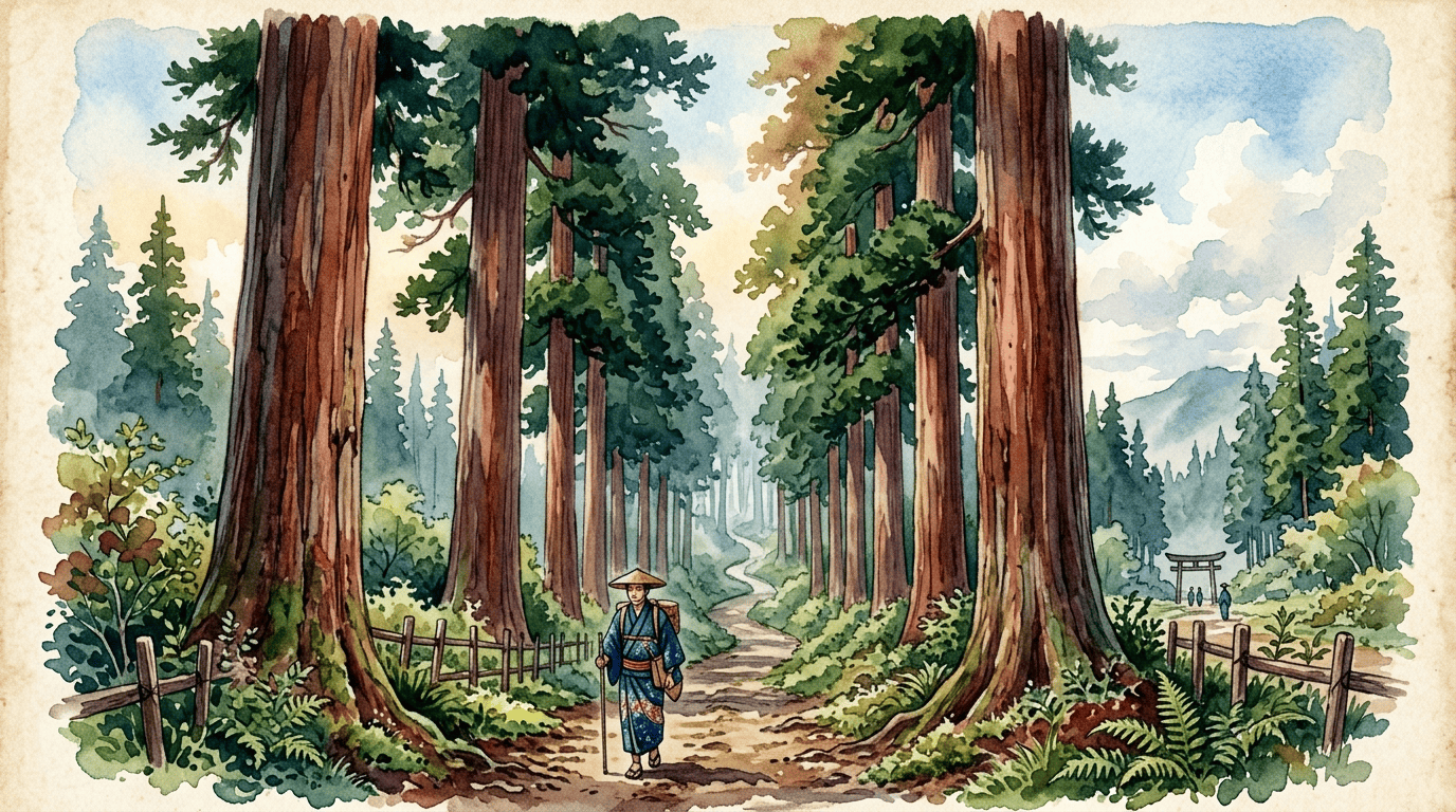 Escena histórica ilustrada de Cedro japonés