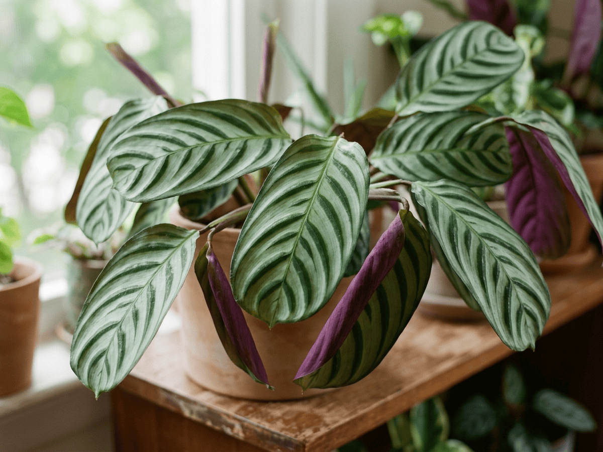 Ctenanthe di Burle Marx — primo piano di foglie e fiori