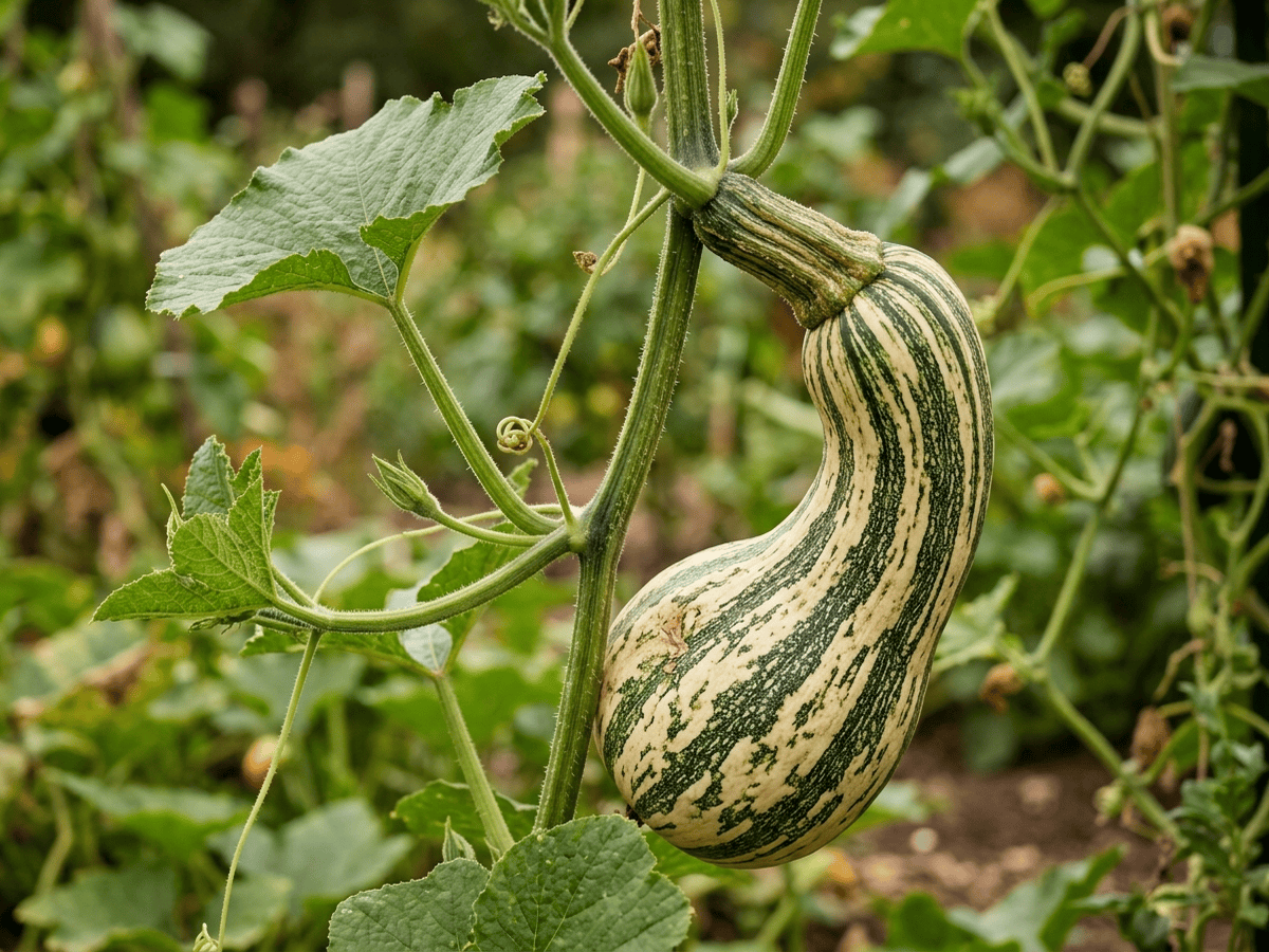 Cushaw Pumpkin — close-up of leaves and flowers