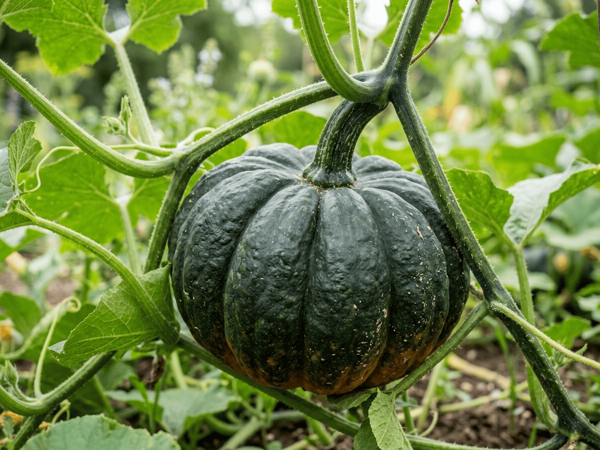 Gartenkürbis — Nahaufnahme von Blättern und Blüten
