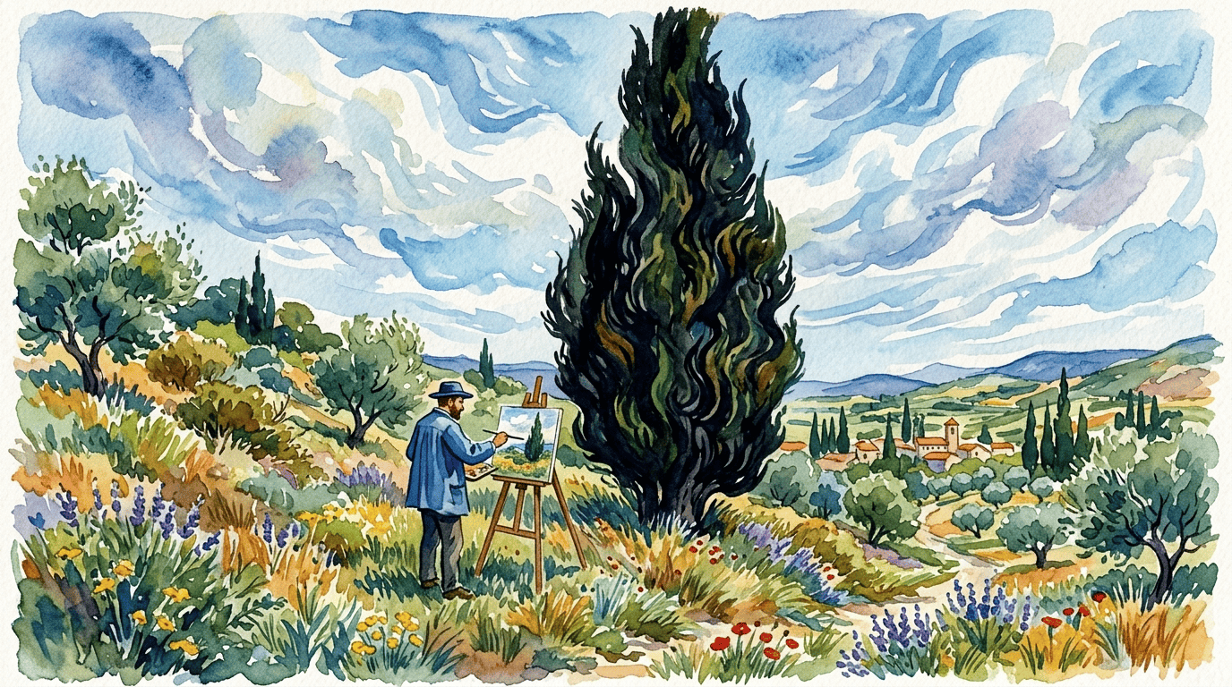 Escena histórica ilustrada de Ciprés Mediterráneo