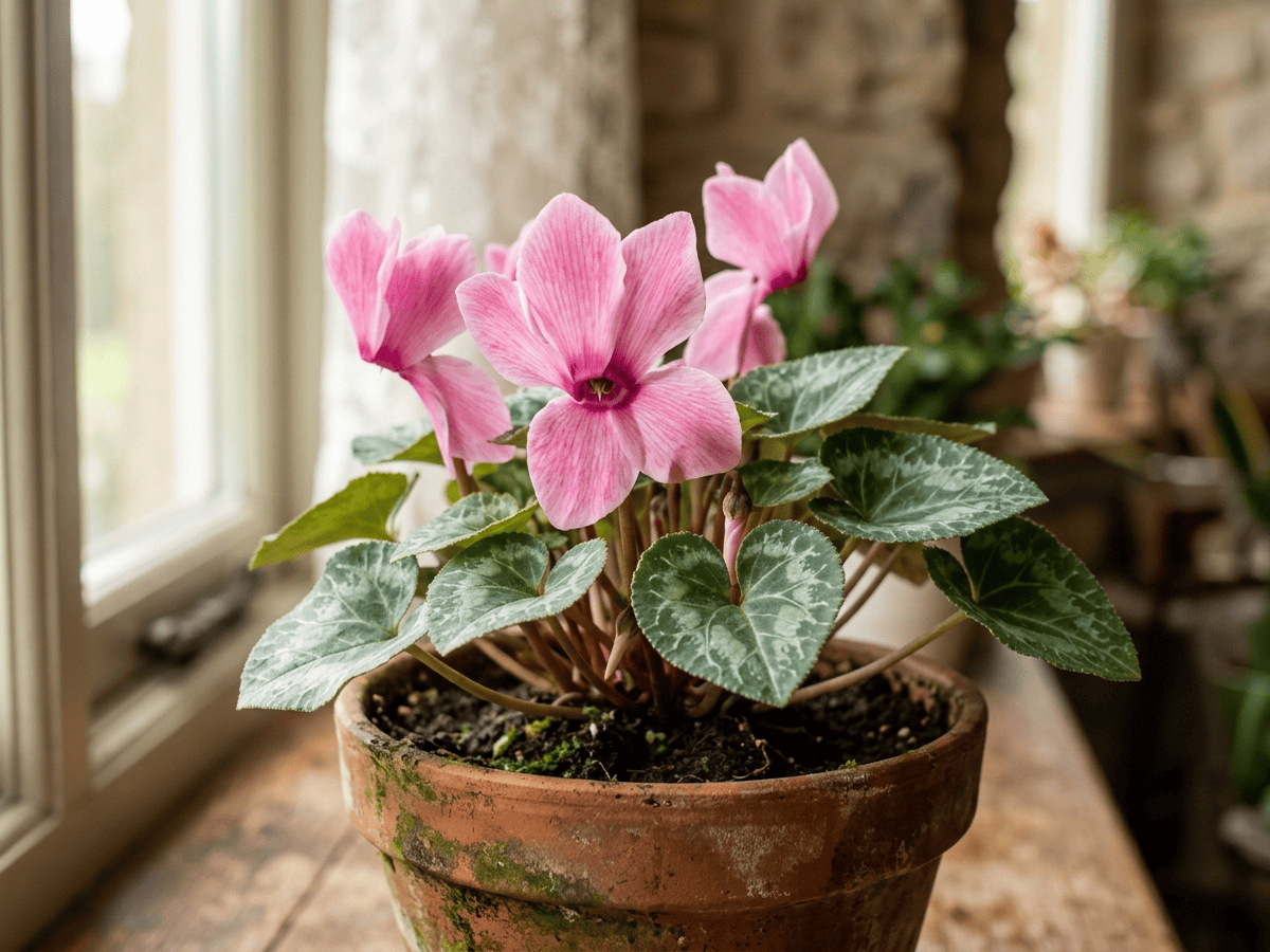 Persian Cyclamen — close-up of leaves and flowers