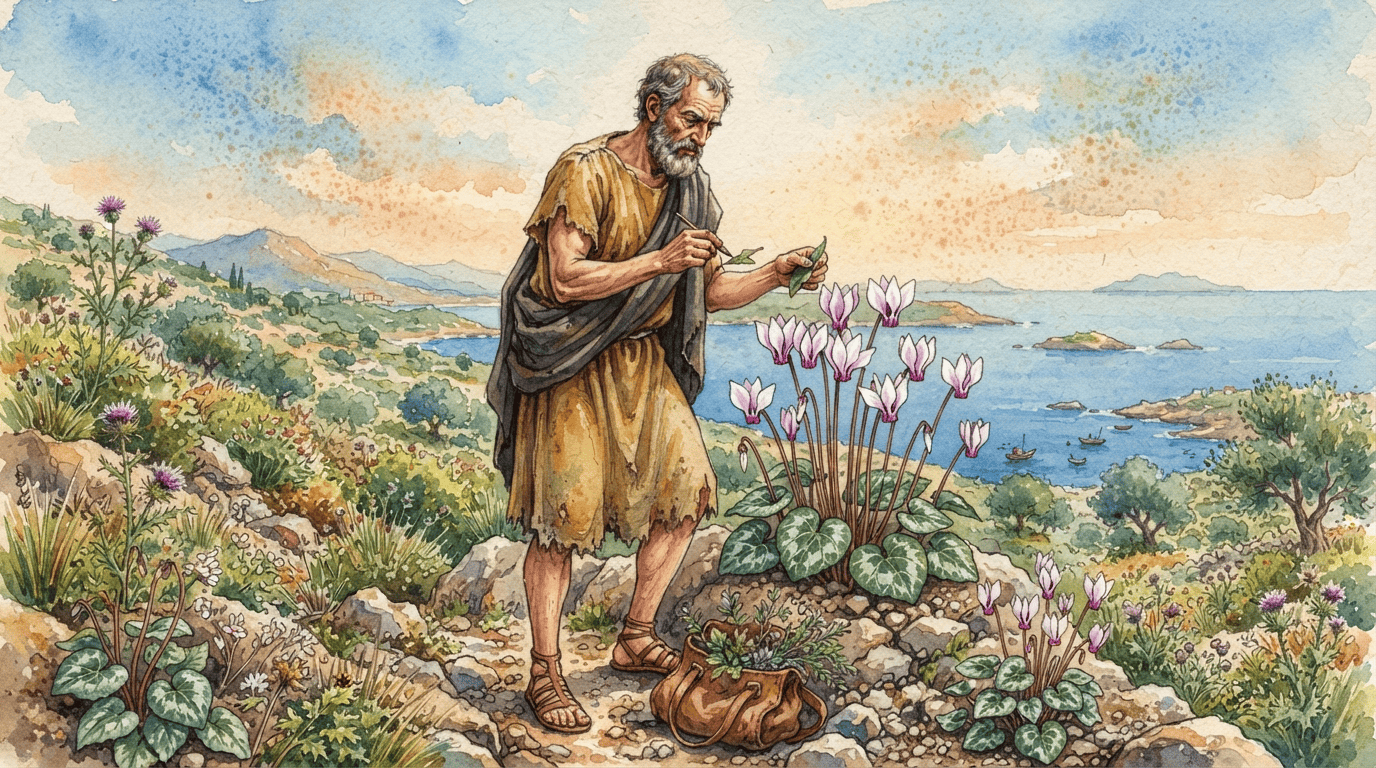 Illustrated historical scene for Persian Cyclamen