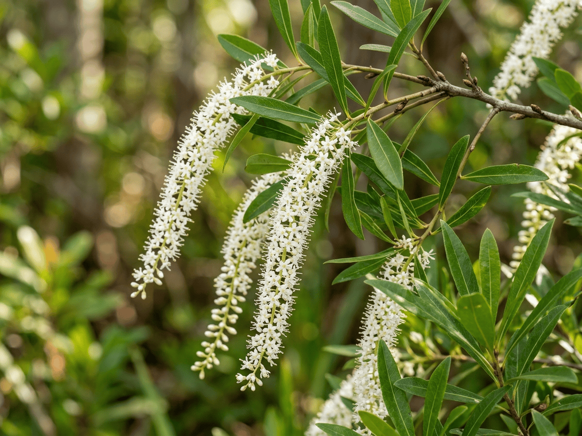 Sumpf-Cyrilla — Nahaufnahme von Blättern und Blüten