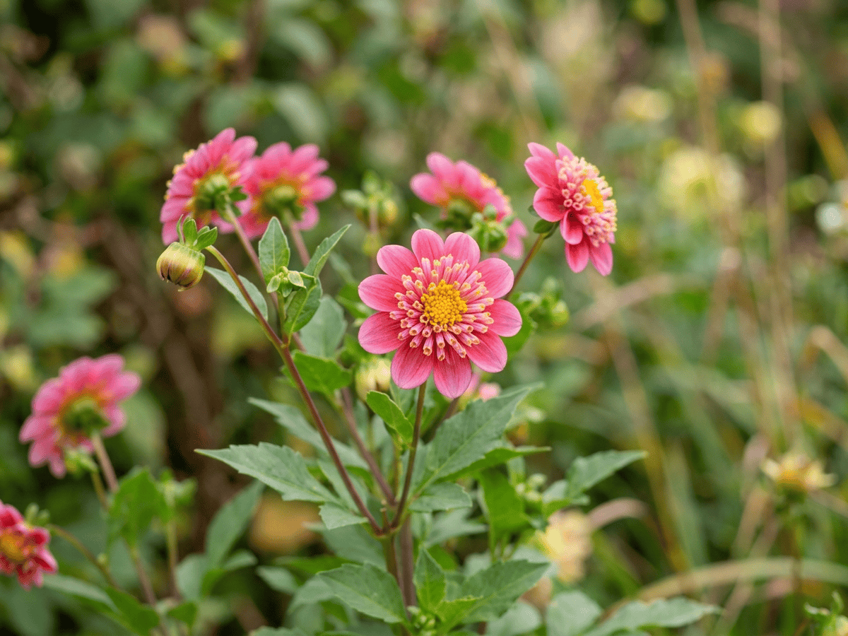 Dalia austral — primer plano de hojas y flores