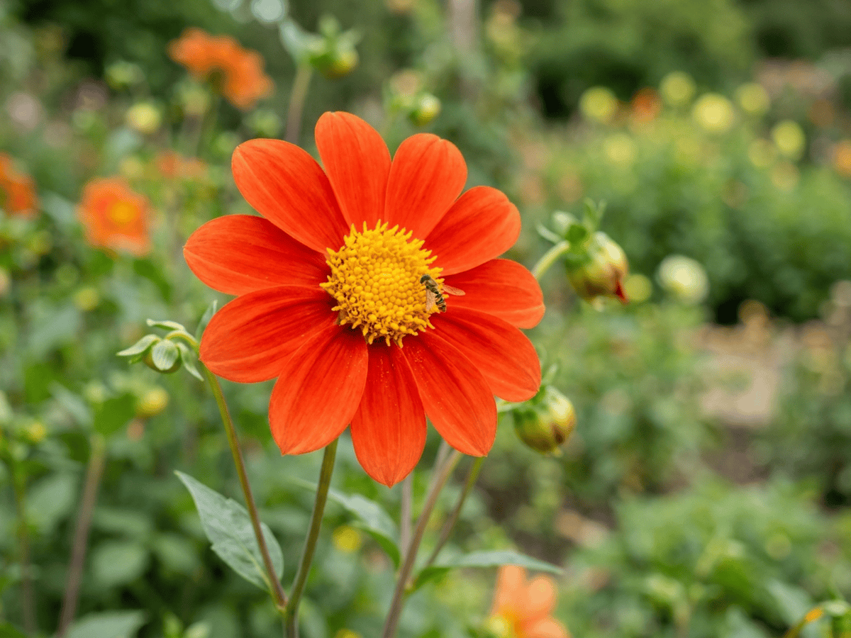 Scharlach-Dahlie — Nahaufnahme von Blättern und Blüten