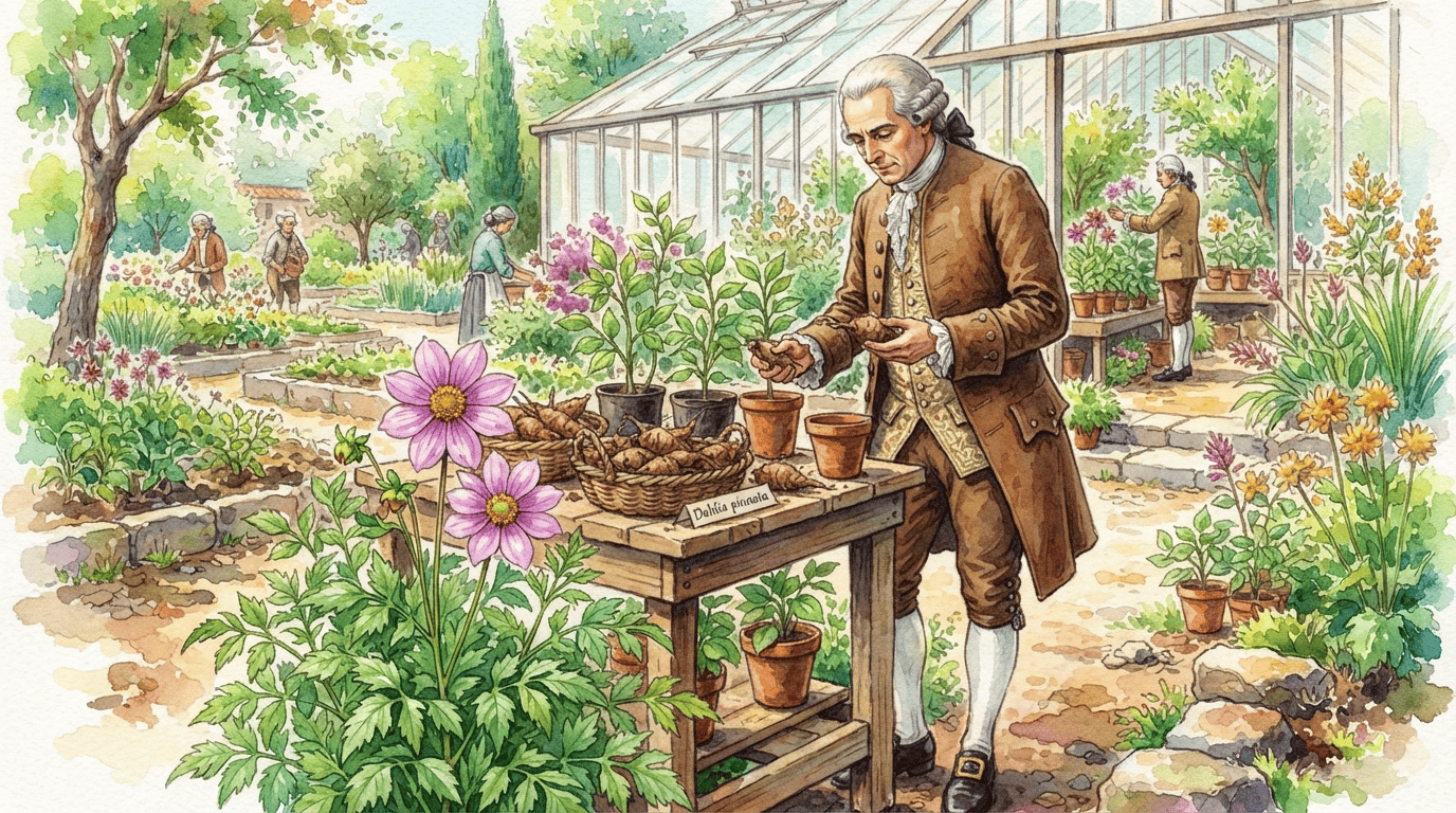 Illustrated historical scene for Garden Dahlia