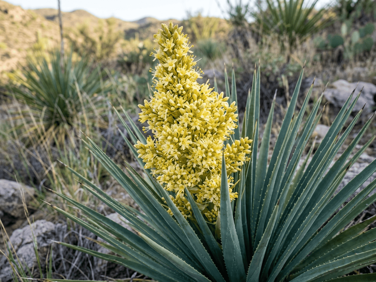 Sotol di Wheeler — primo piano di foglie e fiori