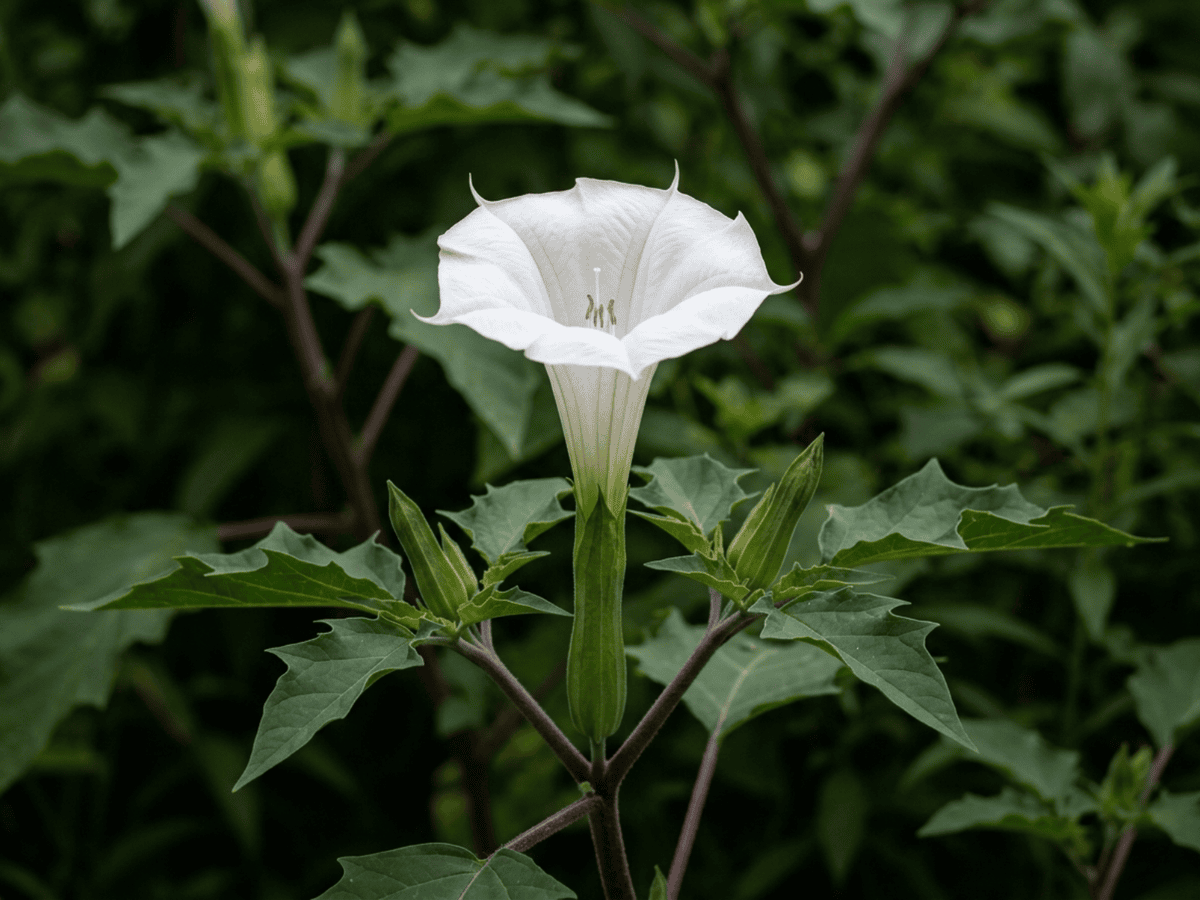Stramoine commune — gros plan sur feuilles et fleurs