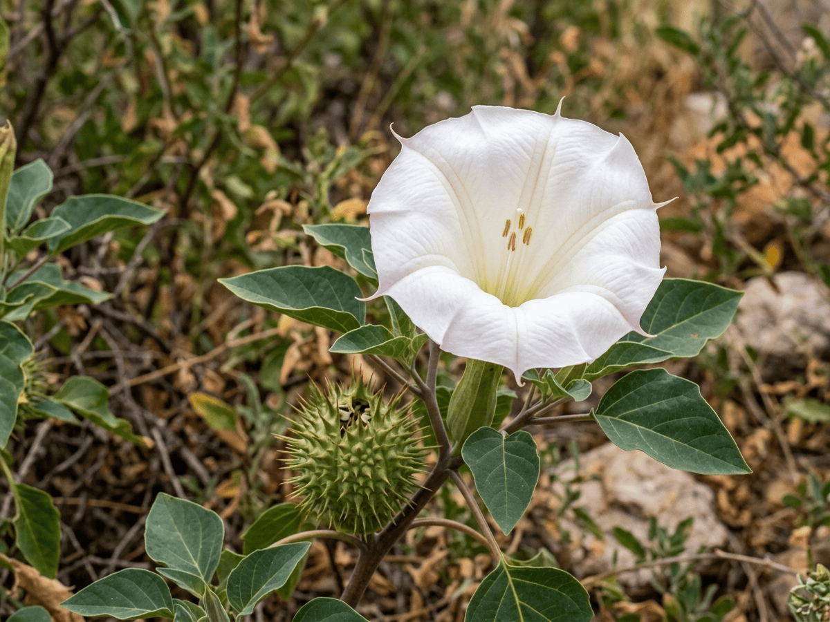 Stramonio di Wright — primo piano di foglie e fiori