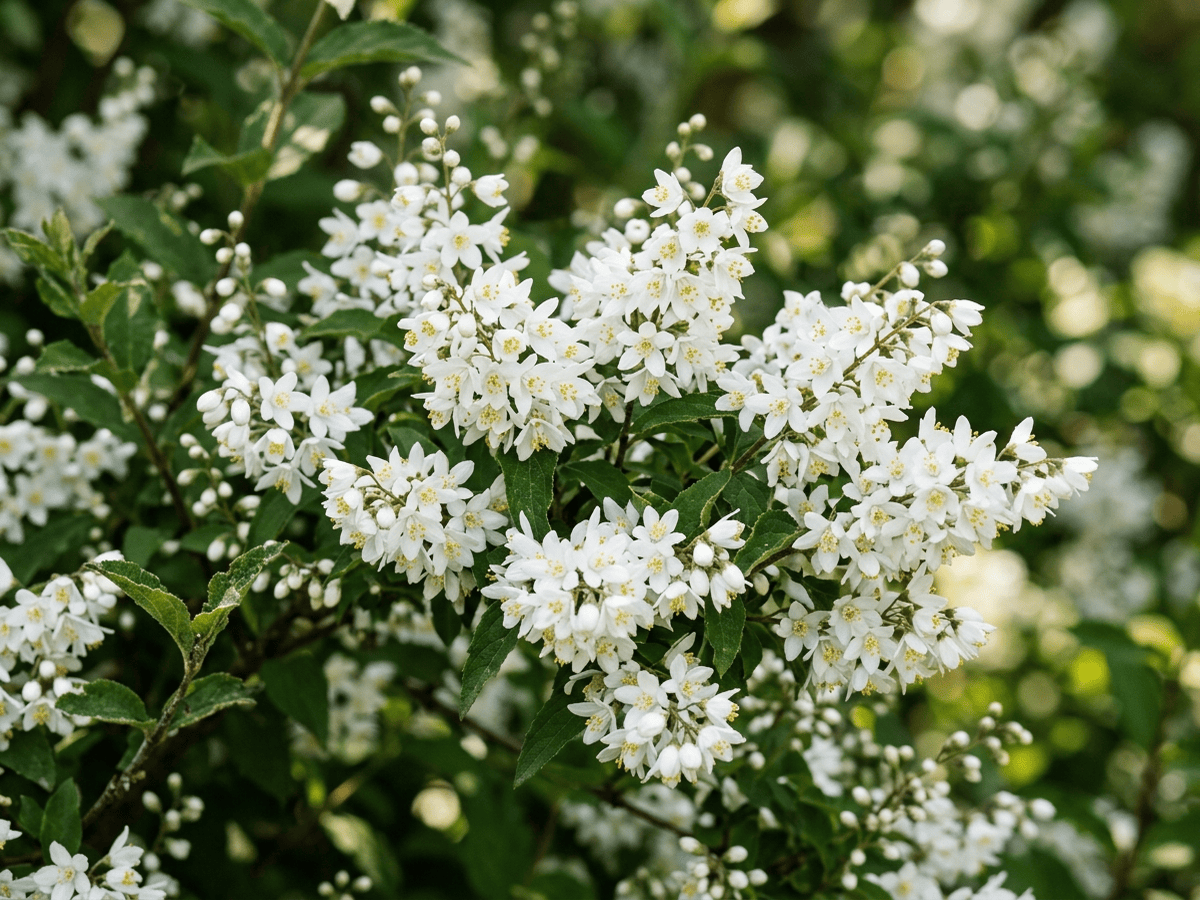 Deutzia crenata — primo piano di foglie e fiori
