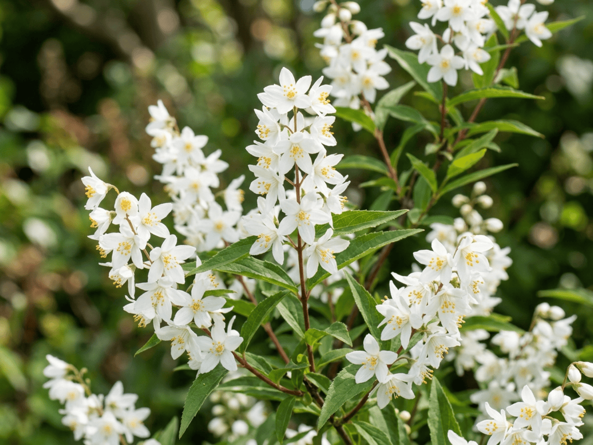 Deutzia grácil — primer plano de hojas y flores