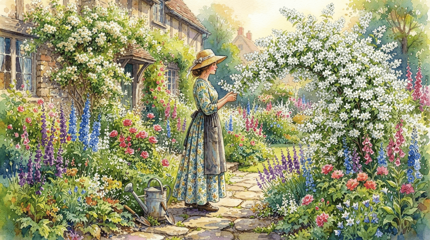 Escena histórica ilustrada de Deutzia grácil