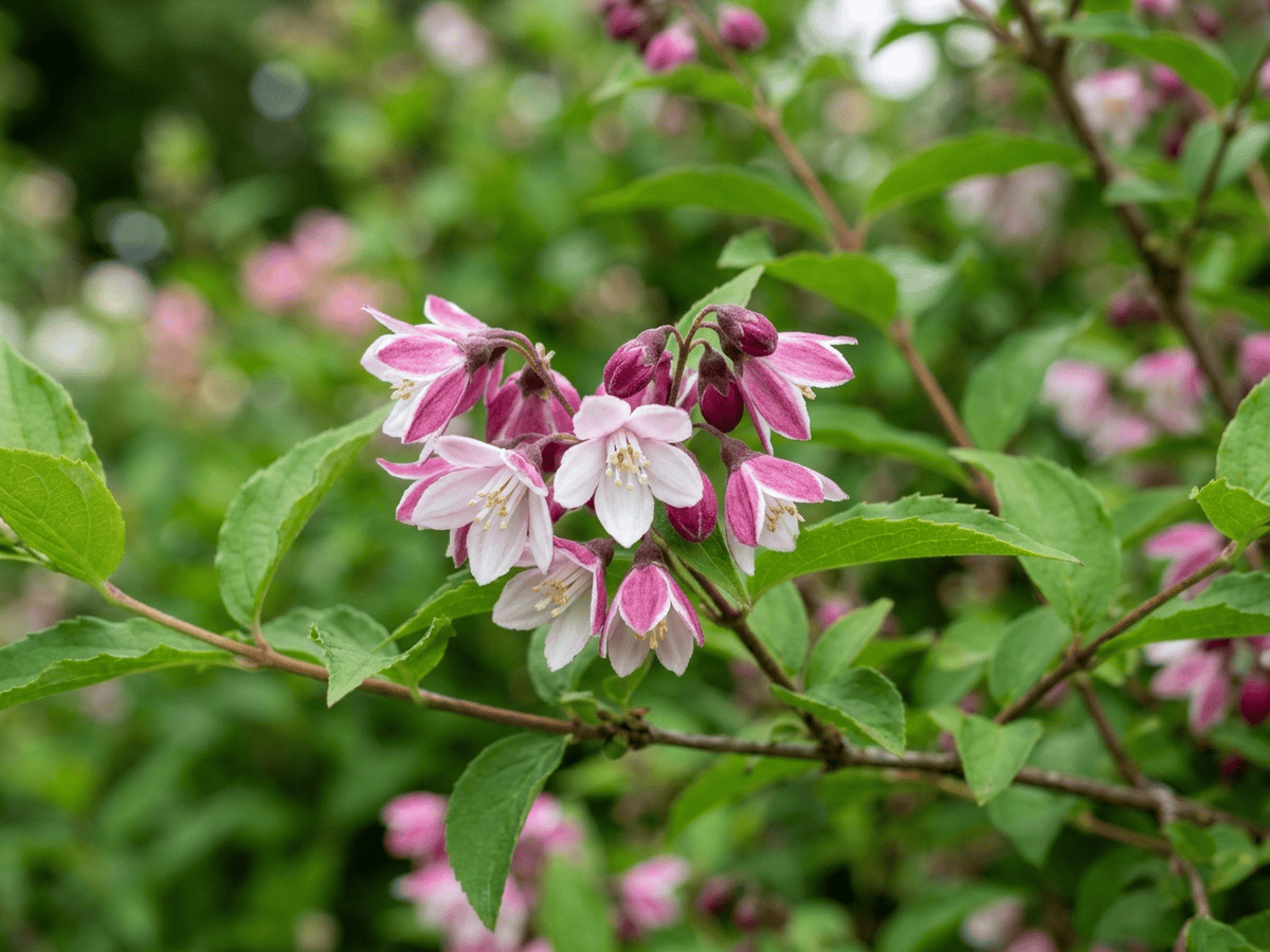 Deutzia purpúrea — primer plano de hojas y flores