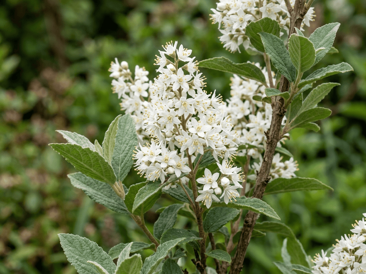 deutzia áspera — primer plano de hojas y flores