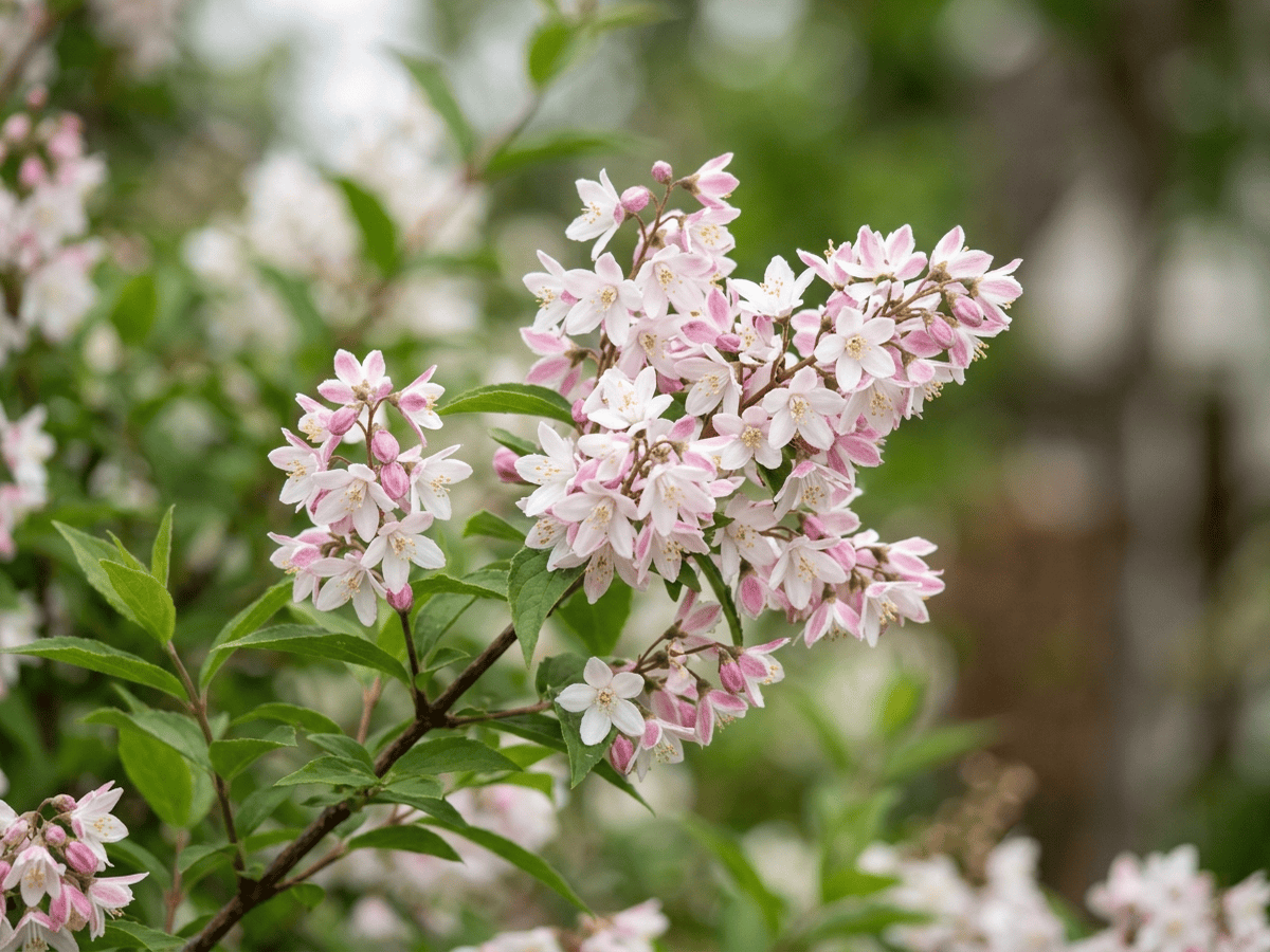 Hybrid-Deutzie — Nahaufnahme von Blättern und Blüten