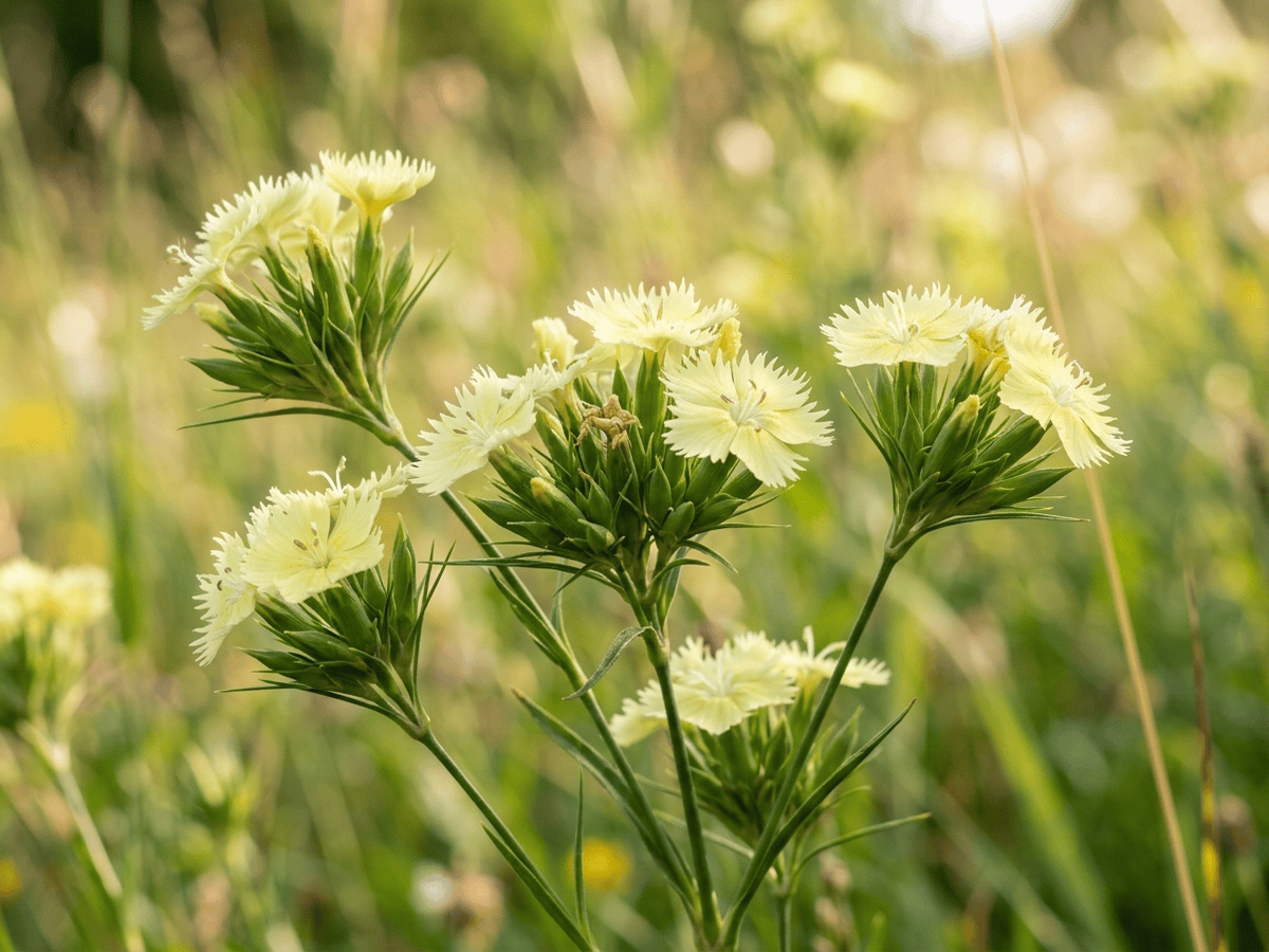 Garofano giallo — primo piano di foglie e fiori