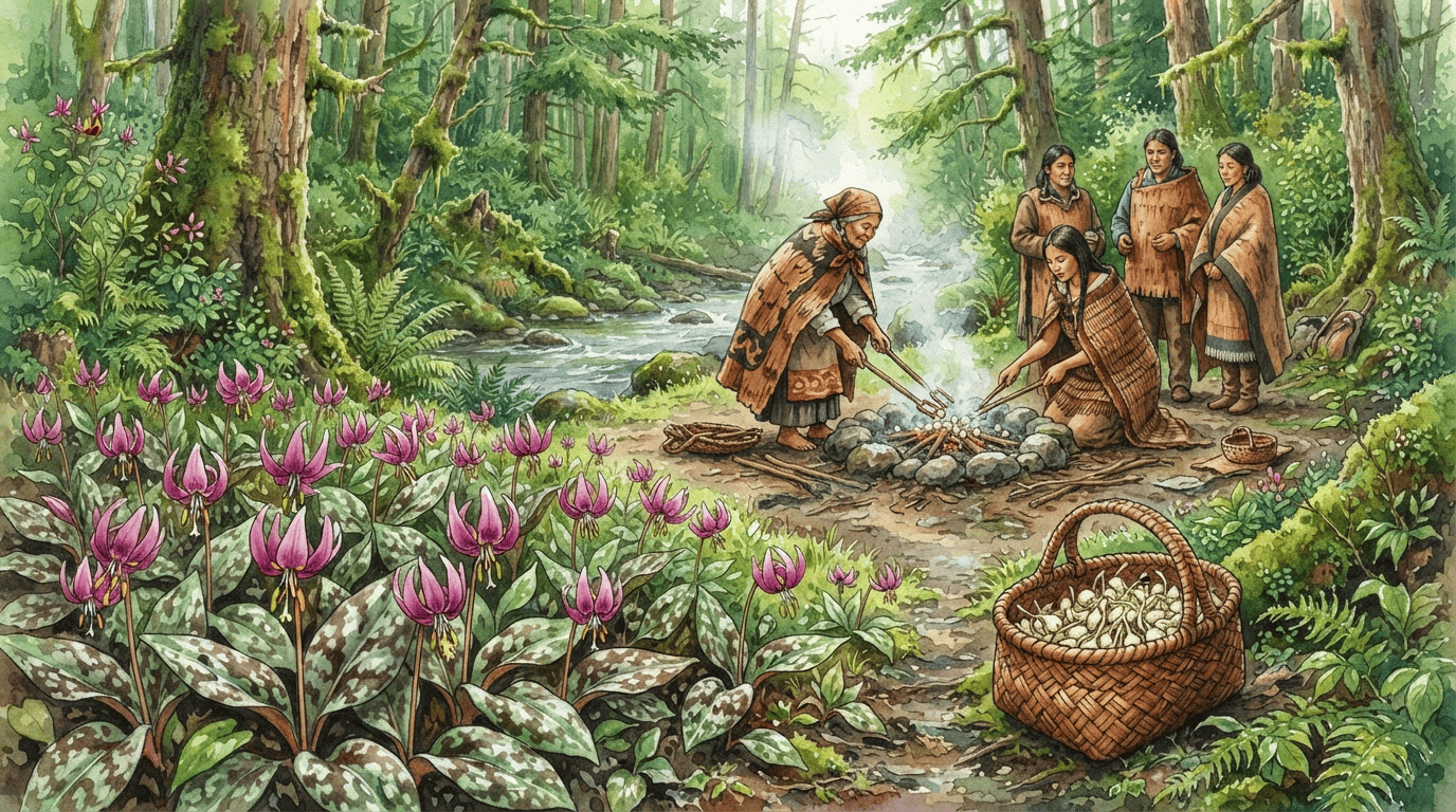 Illustrated historical scene for Coast Fawn Lily