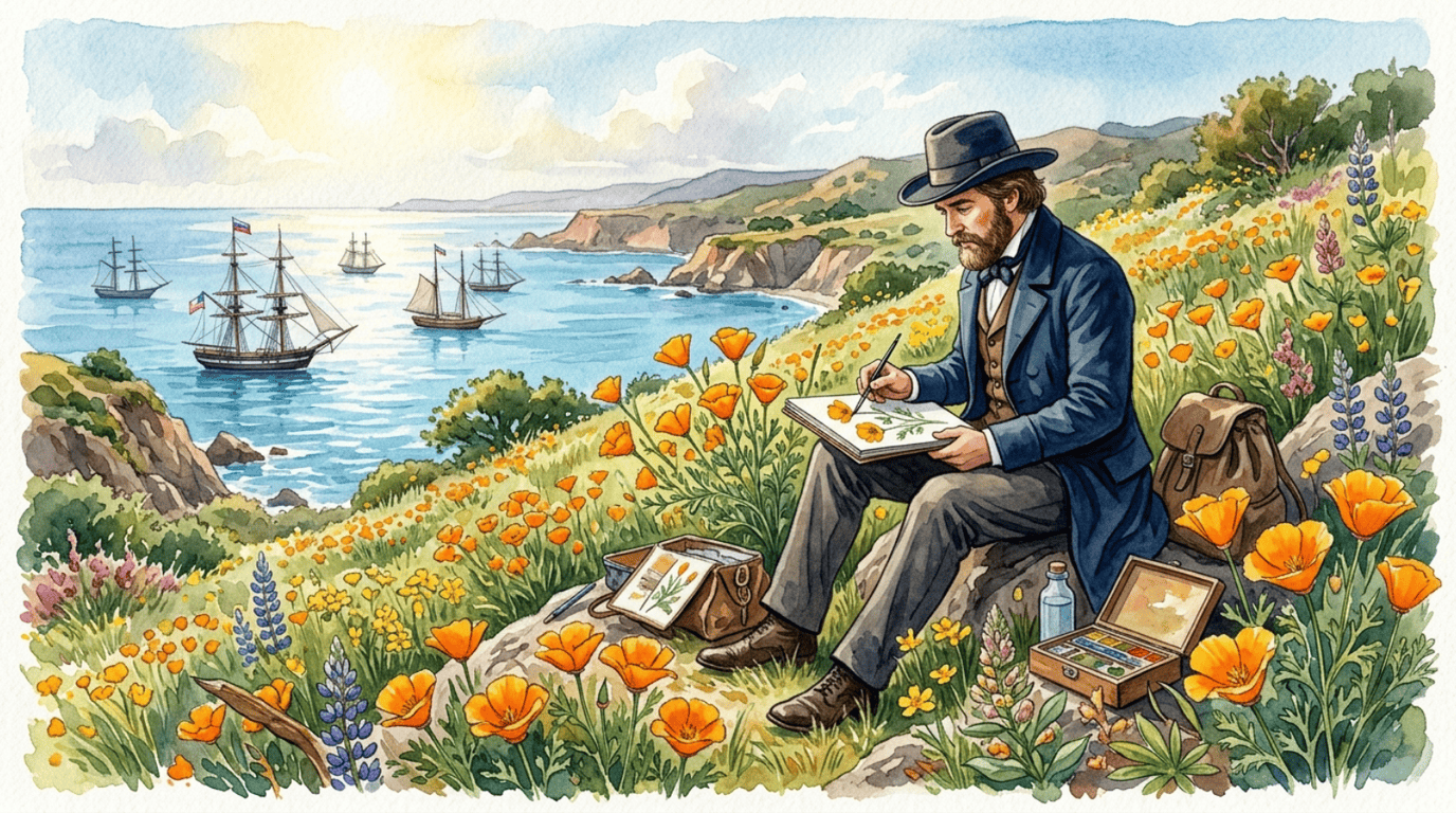 Illustrated historical scene for California Poppy