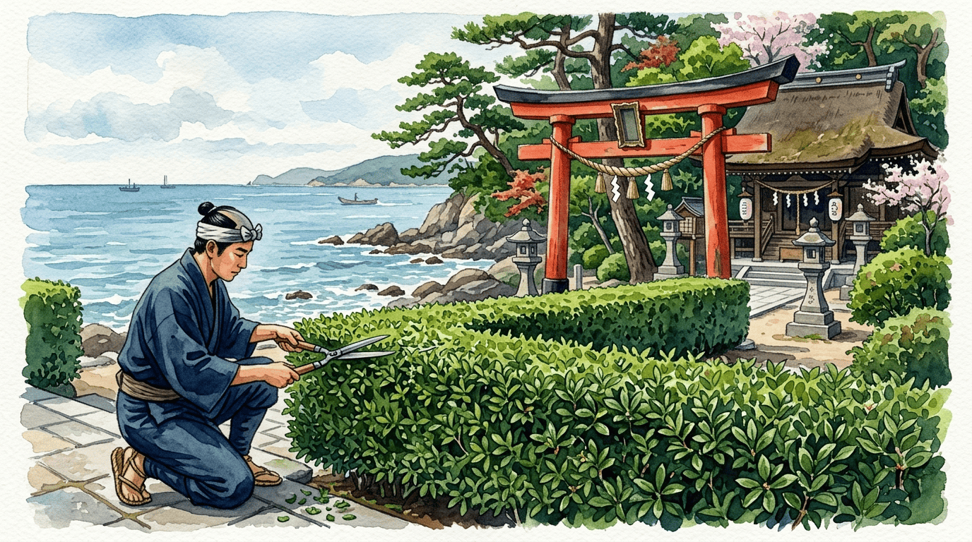 Escena histórica ilustrada de Olivo ornamental japonés