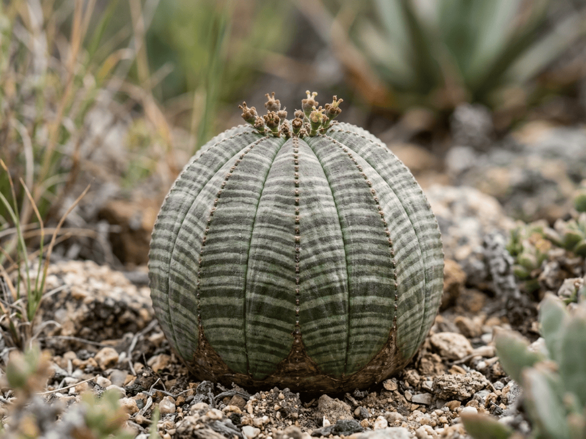 Euforbia obesa — primo piano di foglie e fiori