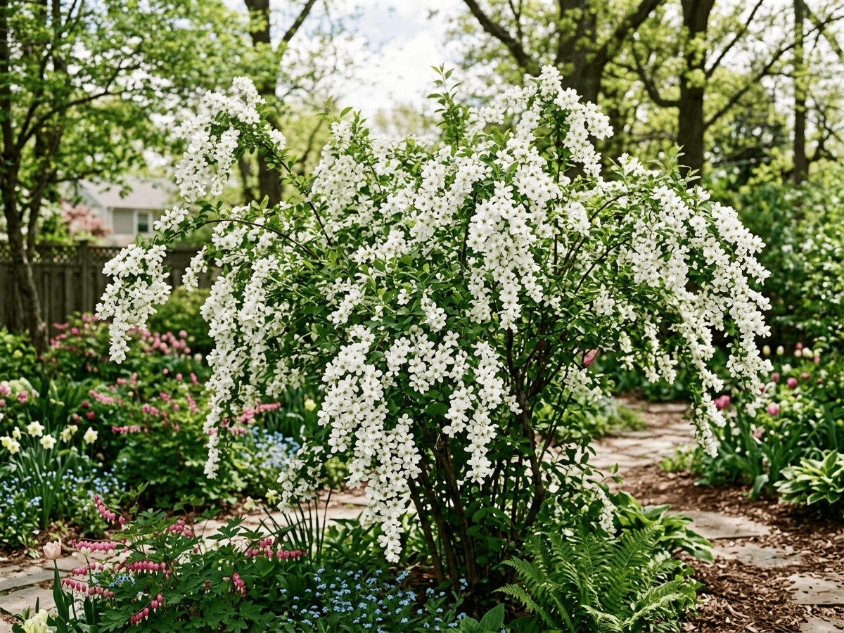 Redbud Pearlbush in a garden setting