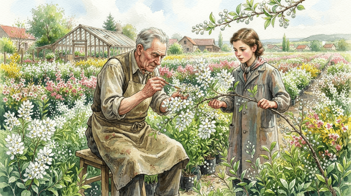 Illustrated historical scene for Redbud Pearlbush