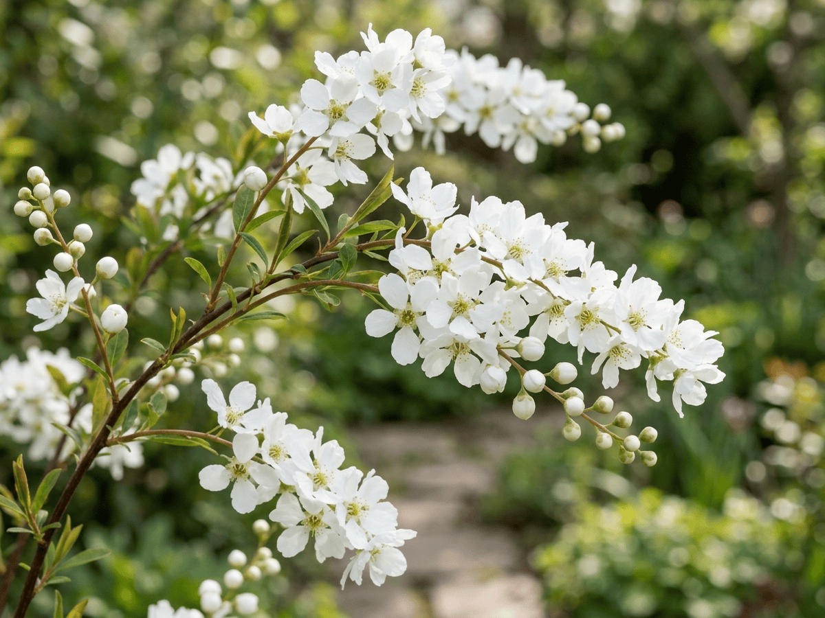 Perlenstrauch — Nahaufnahme von Blättern und Blüten