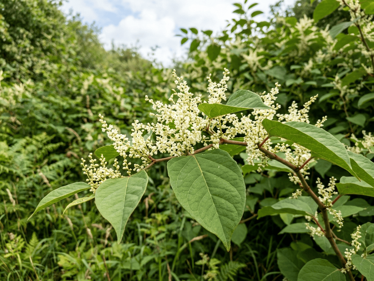 Japanischer Staudenknöterich — Nahaufnahme von Blättern und Blüten