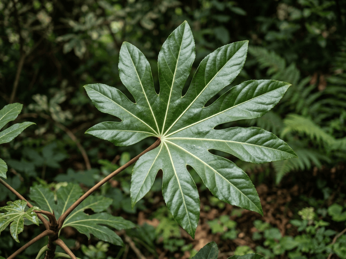 Aralia del Giappone — primo piano di foglie e fiori