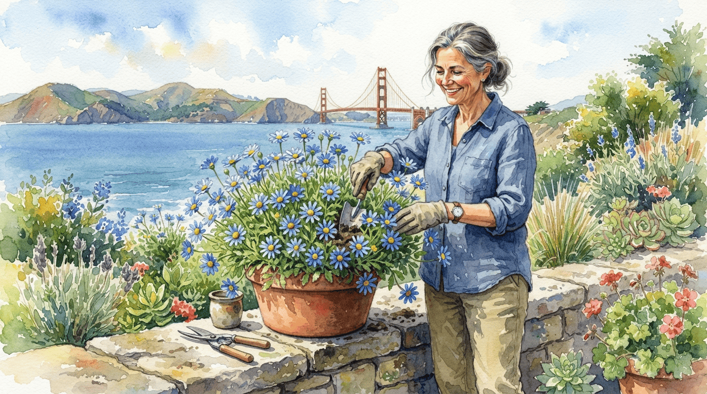 Illustrated historical scene for Coastal Blue Felicia