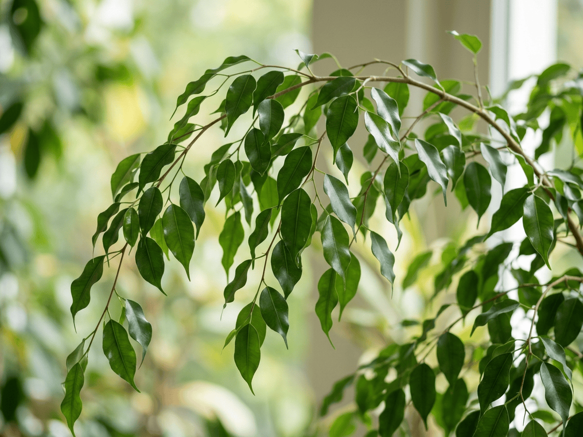Ficus benjamin — primo piano di foglie e fiori