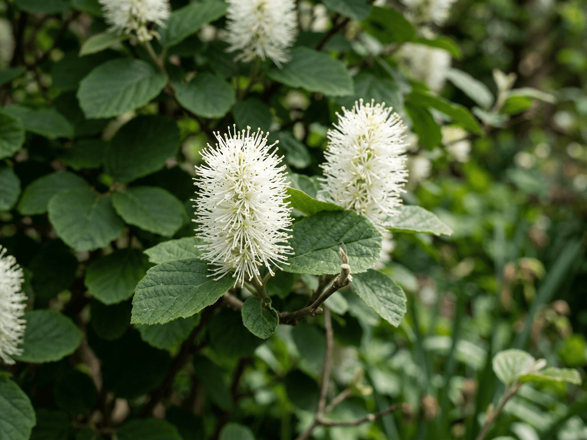 Zwerg-Federbuschstrauch — Nahaufnahme von Blättern und Blüten