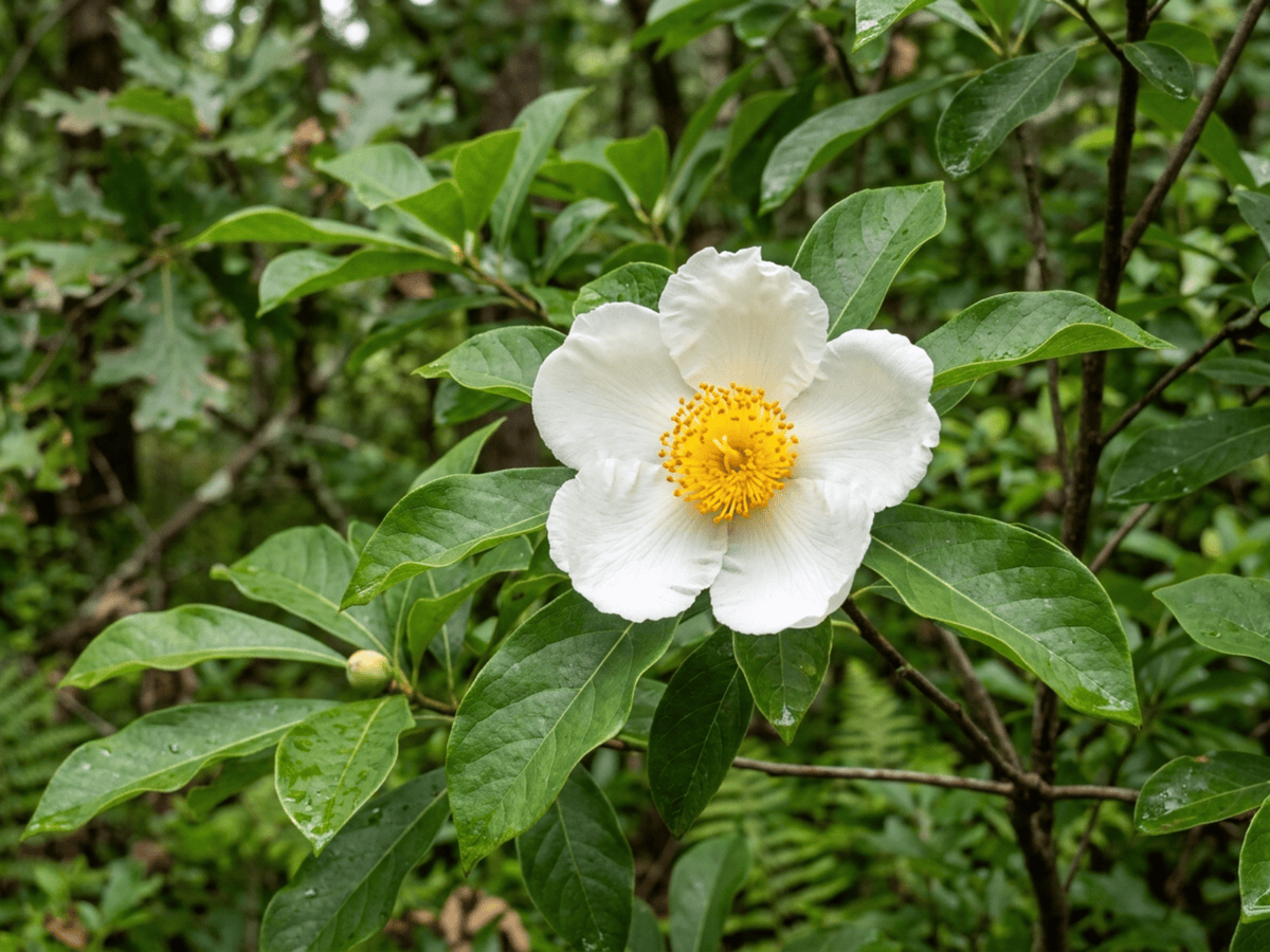 Franklinie — Nahaufnahme von Blättern und Blüten