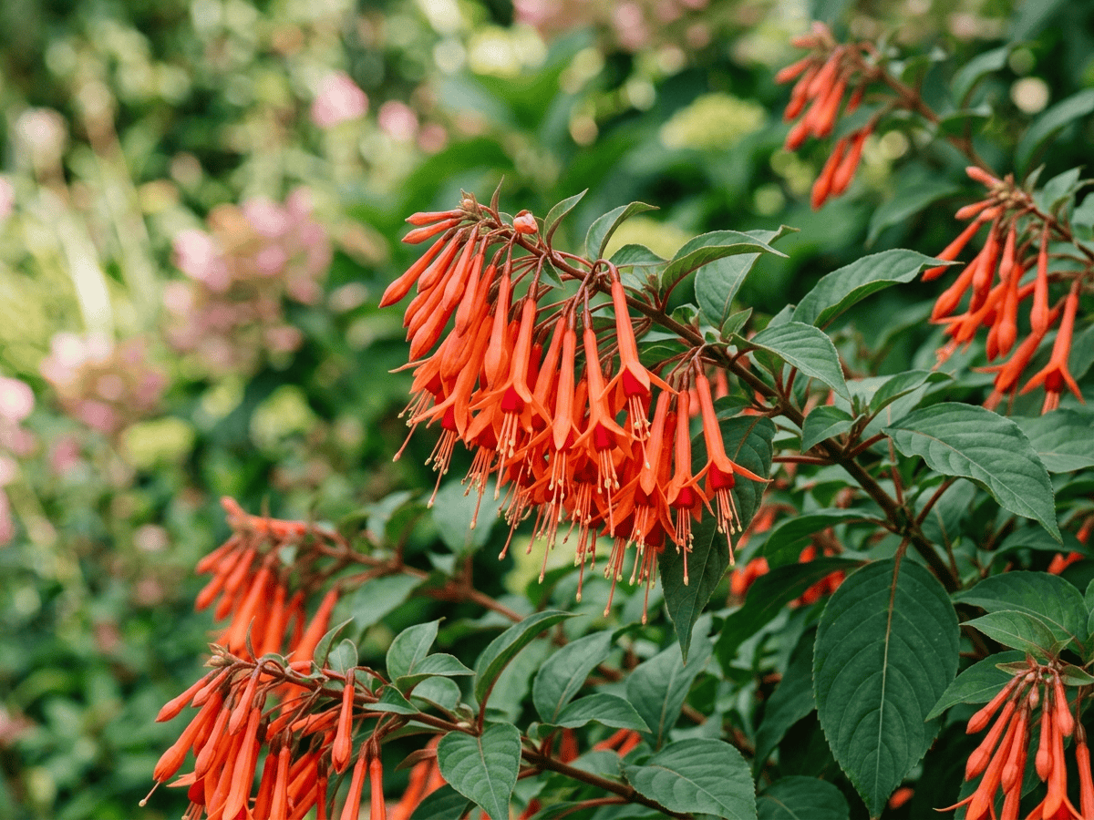 Fucsia trifogliata — primo piano di foglie e fiori
